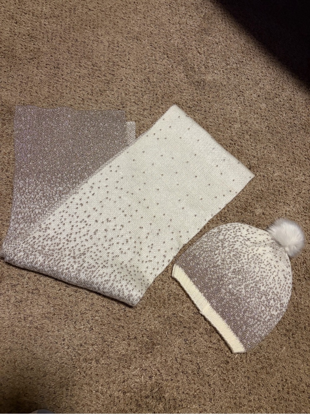 Mixit Cream and Brown Speckled Knit Scarf & Pom Beanie Set
